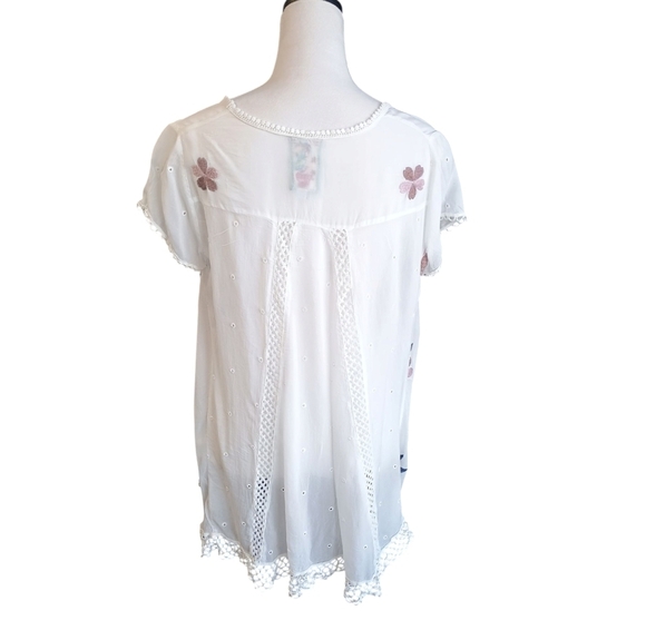Johnny Was Dahlia Top Embroidered Floral Shear Cap Sleeves Small White/Pink/Blue - Picture 2 of 13